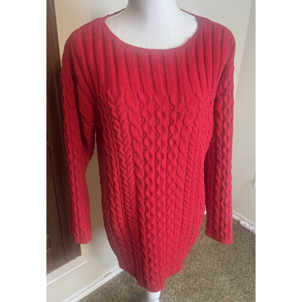 J. Jill Red Chenille Cable Knit Pullover Sweater Sz L tunic Soft Crew Neck